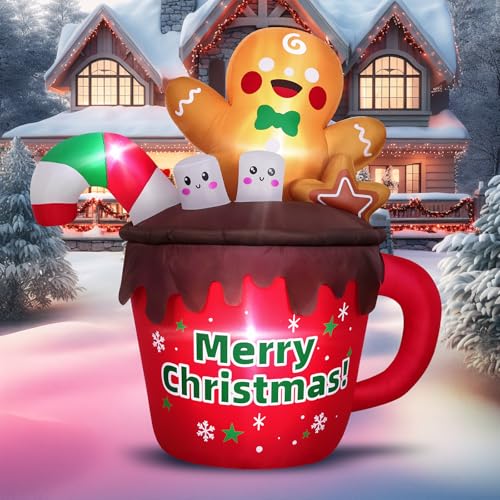 6FT Christmas Inflatable Hot Cocoa Mug with LED Lights for Outdoor Yard Decor