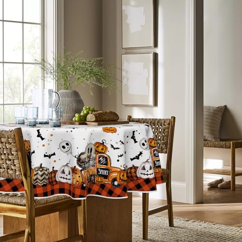 Halloween Tablecloth 70x70 Inch Round Buffalo Plaid Pumpkin Orange