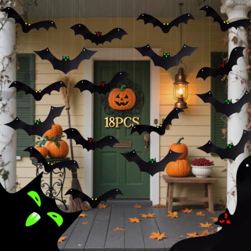 18Pcs Halloween 3D Hanging Bat Decorations with Glow Eyes Outdoor Spooky Set