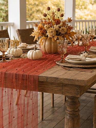 Terracotta Pearl Gauze Table Runner 120 Inch 6PCS for Wedding Party Decor