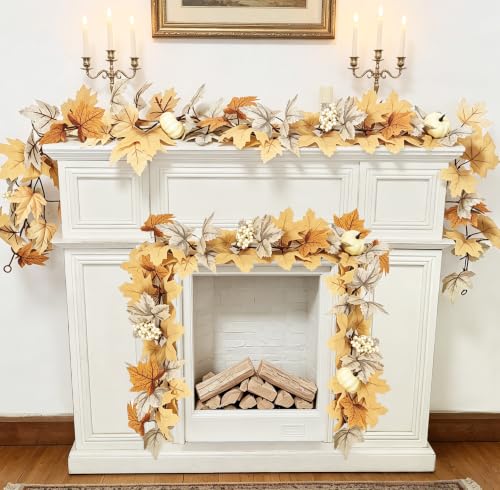 Fall Garland with Lights 4 Pack - Maple Leaves Pumpkin Berries Autumn Decor, 6Ft Each, Halloween Thanksgiving Christmas