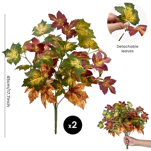Artificial Maple Leaves Branches - Fall Decor for Thanksgiving & Halloween, 17.7in, Green-Yellow-Red