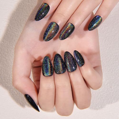 evpct Black Iridescent Colorful Glitter Cat Eye Press-On Nails Short Almond 24Pcs