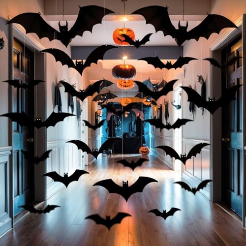 Halloween Bat Decorations Set - 24 Hanging & Wall Bats for Indoor Outdoor Spooky Decor