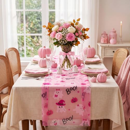 Halloween Gauze Table Runner Pink Ghost 28x118 Inches - Set of 3