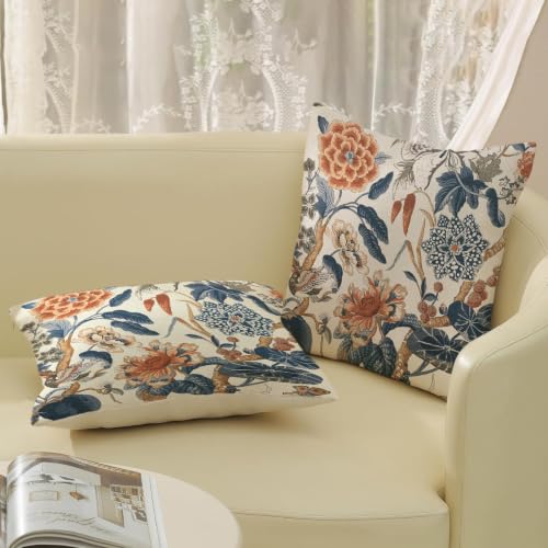 Navy Blue Orange Floral Pillow Covers Set of 2 24x24 Inch Chinoiserie Outdoor Linen