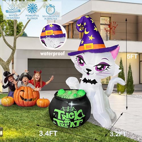 5FT Halloween Inflatable Cat with Witch Cauldron Yard Decor with LED Lights