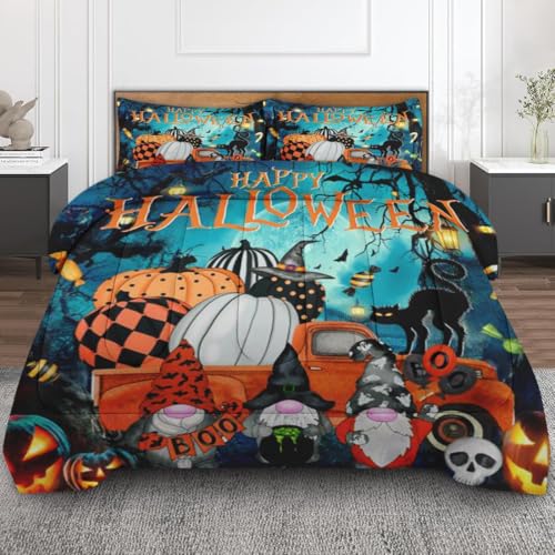 Queen Comforter Set of 3 with Halloween Gnome Pumpkin - Bedroom Decor
