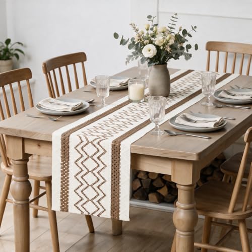 12x72 Inch Coffee Stripe Diamond Woven Table Runner - Light Coffee