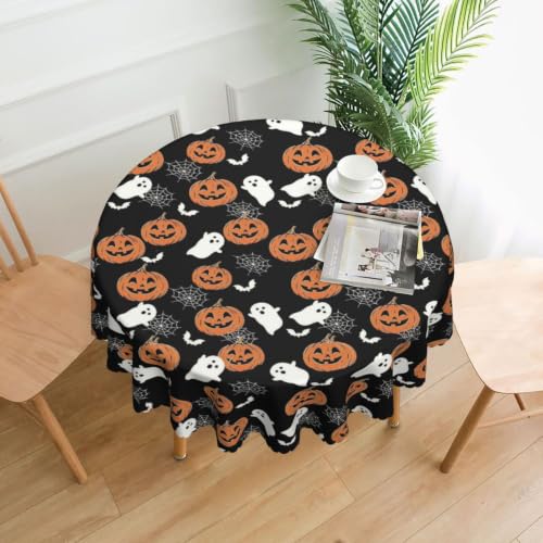 Halloween Round Tablecloth 60 Inch Pumpkin Ghost Spider Web Design - Dust-Proof & Wrinkle Resistant