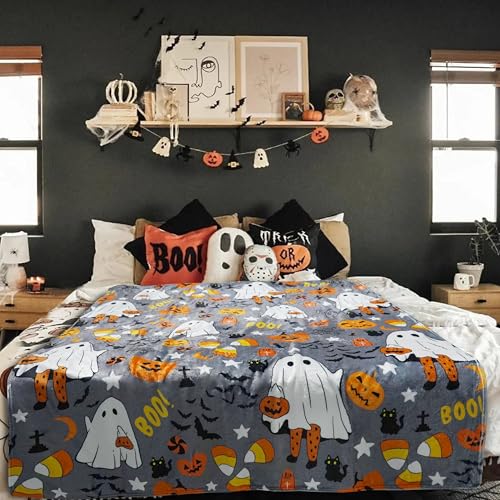 Halloween Ghost Throw Blanket - Boo-Cute Ghost on Gray, Cozy Plush 50 x 60 Inches