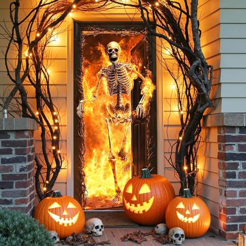 Large Halloween Skeleton Door Cover with Fire Escape - Indoor Outdoor Haunted House Decor
