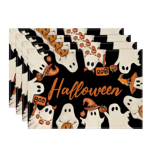Halloween Ghost Placemats Set of 4 - 12 x 18 Inch Rectangular Table Decor