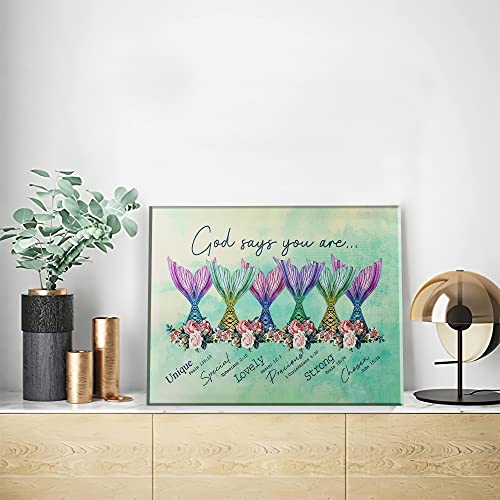 Colorful Mermaid Tail Wall Art - Girls Room Decor Canvas Print 16x12 with Frame