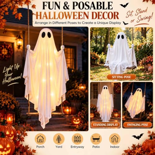 Large Outdoor Swinging Ghost Halloween Decoration - 4.5FT Hanging Ghost with Adjustable Ropes