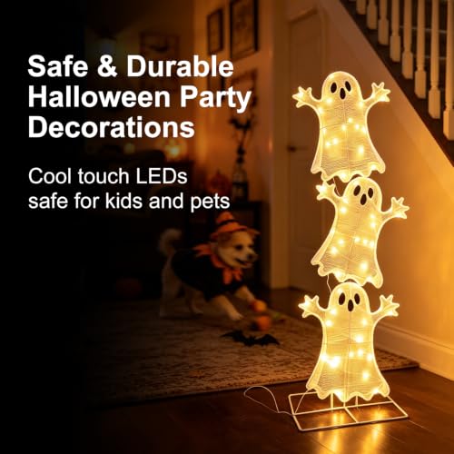 Halloween Decorations Lighted 3 Stacked Ghosts - Battery Operated LED Ghost Yard Sign with Timer, Indoor Outdoor Holiday Decor