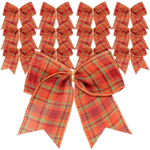 Fall Buffalo Plaid Bow Decorations - 6 Inch Set of 12 in Orange, Green, Red
