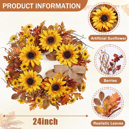 Sunflower Fall Wreath for Front Door - 24 Inch with Red Variation