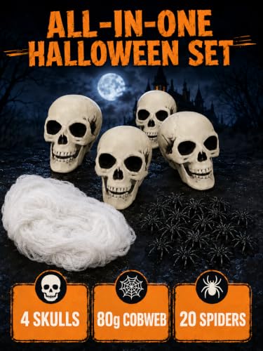 Halloween Skeleton Decor Set with 4 Plastic Skulls, Cobweb & 20 Spiders