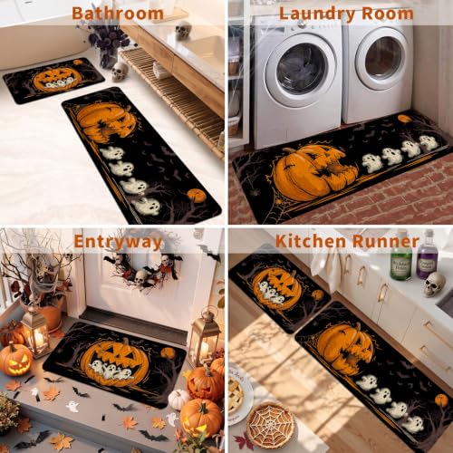 Halloween Kitchen Mat Set of 2 Non-Slip Washable Halloween Rugs - Pumpkin Ghost Variation