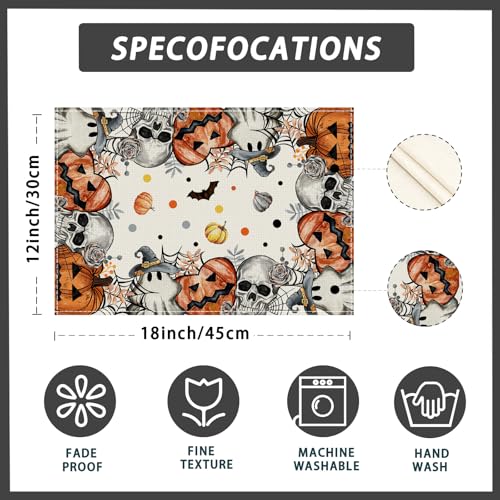 Halloween Skeleton Ghost Placemats Set of 4 12x18 Inch Table Decor - Spooky Dining Table Accessories