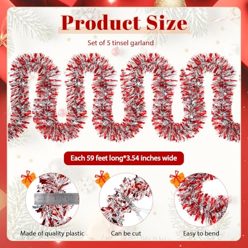 Christmas Tinsel Garland 295 Feet - Red White Silver Holiday Decor - Variation of Christmas / Red White Silver
