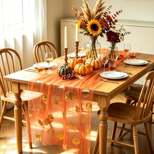 Fall Table Runner with Gold Foil Pumpkins Leaves 10FT - Color 01