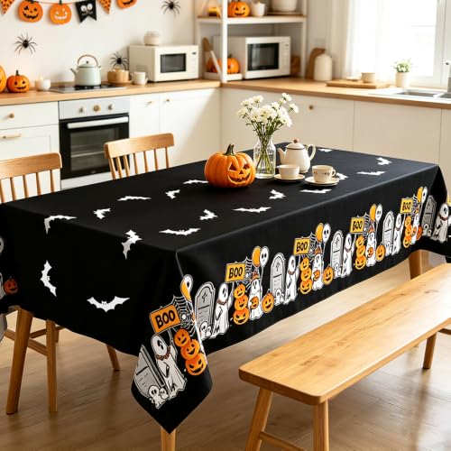 Halloween Tablecloth Set - 2 Disposable Black and Orange Plastic Table Covers with Spider Web Bat Ghost Design - 54x108 Inches, Indoor Outdoor Party Decor