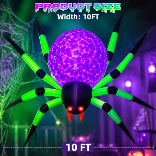 10FT Giant Halloween Inflatable Spider with LED Lights - Weather-Resistant Yard Decor