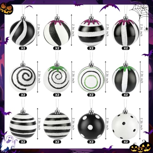 Black and White Halloween Christmas Ornament Set - 24 Pcs 2.36 Inch Holiday Decorations