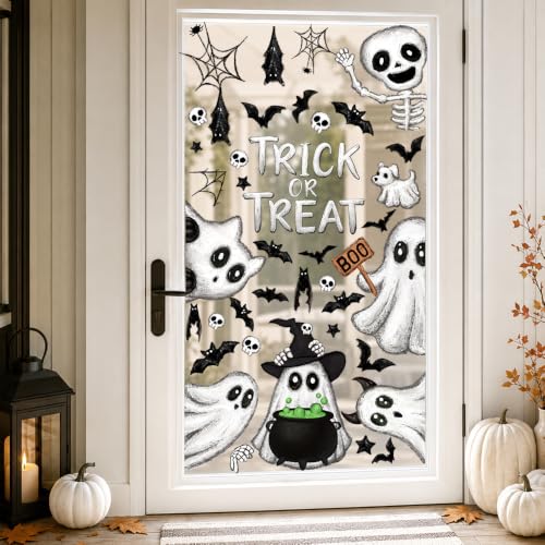 Halloween Window Clings Stickers - Ghosts Skeleton Bats Spider Webs - Black & White - 6 Sheets