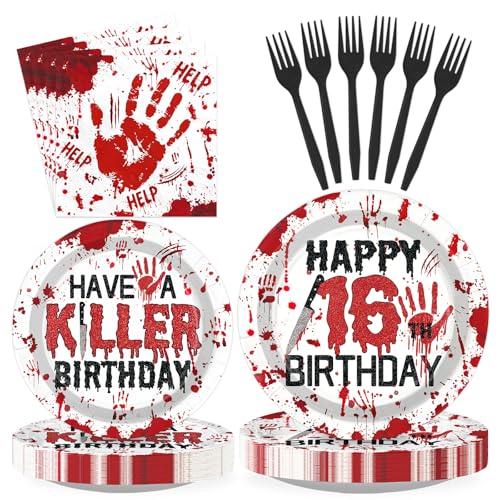 Bold Thriller Style Bloody 16th Birthday Party Plates & Decor Set - Serves 24