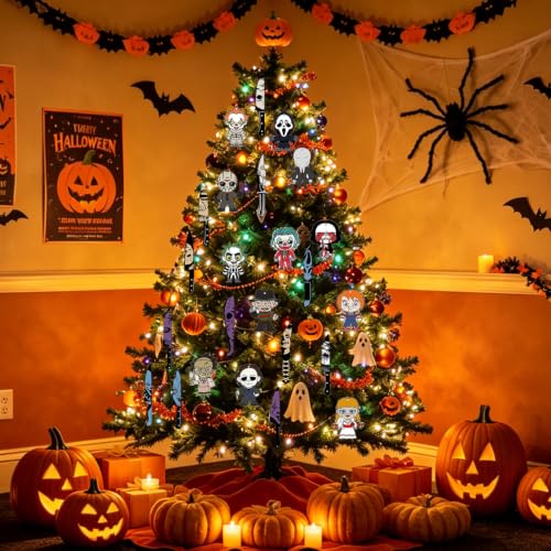 Halloween Tree Decorations 24 Pcs Wooden Ornaments Horror Movie Gift Set