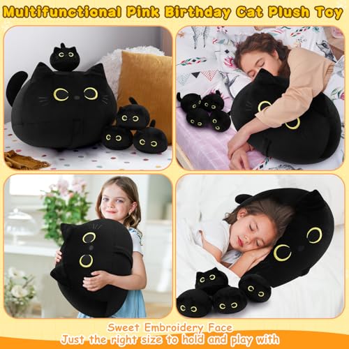 Black Cat Plush Family Set - 19-Inch Mommy with 4 Kittens, Cute Kids & Adults Gift