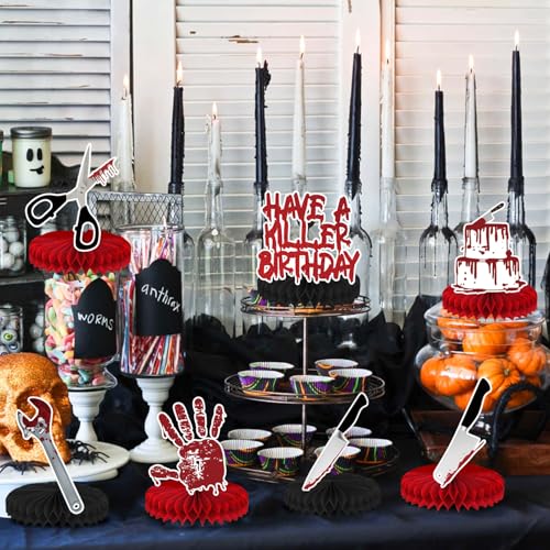 Halloween Horror Theme Honeycomb Centerpieces - Bloody Killer Birthday Party Decorations - 8 Pack