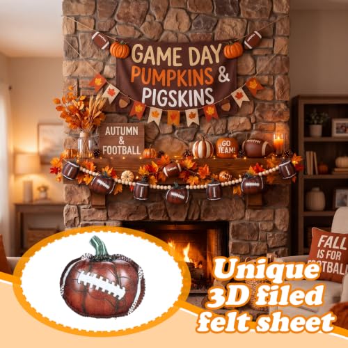 Football Pumpkin Felt Garland with Wood Beads - Fall Harvest Decor 4 ft