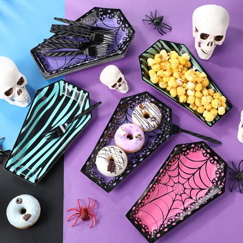 Halloween Coffin Plates with Black Forks Set for Party, 24 Pieces