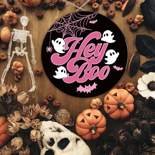 Halloween Ghost Decor Sign with Pink & Black Variation - 9.84" Wall Door Decor