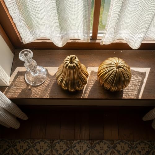 Gold Fall Pumpkin Decor - 2Pcs Resin Pumpkins for Thanksgiving & Autumn Home Decoration - Variation B