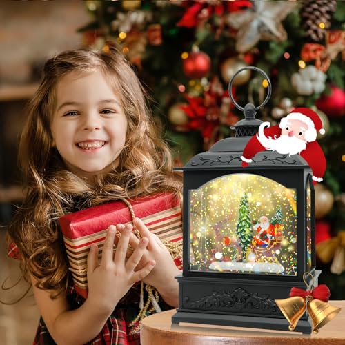 Christmas Snow Globe Lantern with Music & Timer - Black Santa LED Glitter Decor