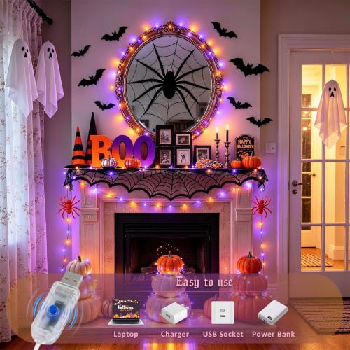 Halloween Fairy Lights 100 LED Orange & Purple USB Powered String Lights - Indoor Decor
