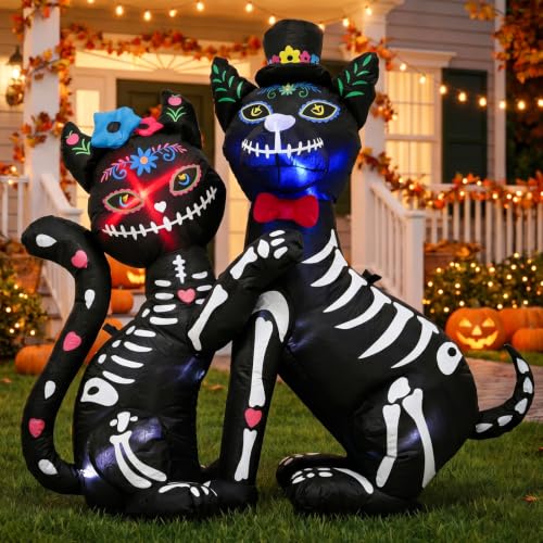 4ft Halloween & Day of the Dead Inflatable with Cat & Dog - Skeleton & Sugar Skull Duo, LED Lights, Weather-Resistant Decoration