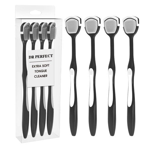 DR PERFECT Soft Tongue Brush Scraper Cleaner Helps Fight Bad Breath Clean Your Tongue Without Hurt Pack Of 4 (Black)