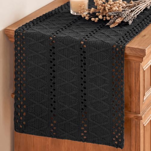 Black Woven Farmhouse Table Runner 12x60 Inch - Durable Home Decor