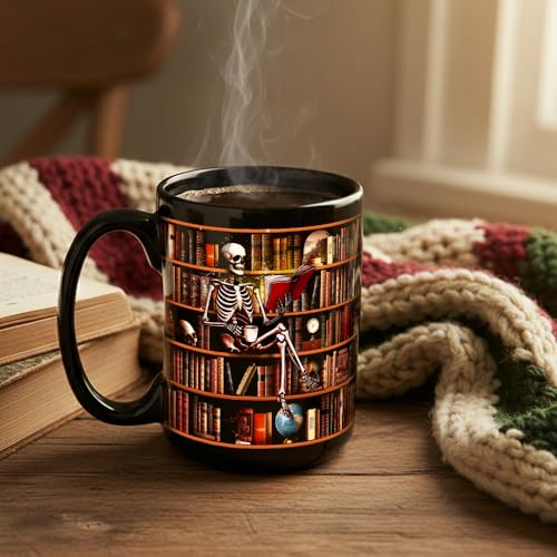Funny Book Lover Mug - Halloween Skull 15oz Ceramic Coffee Cup Gift