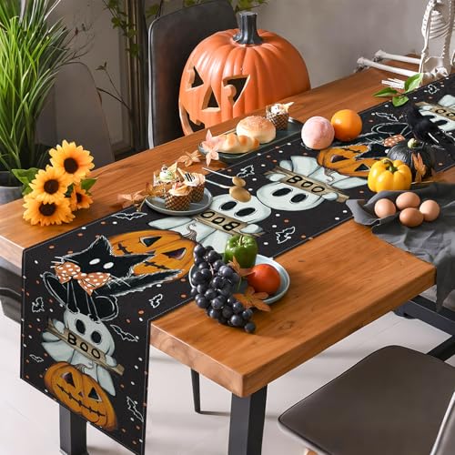 Halloween Table Runner 72 Inch Spooky Pumpkin & Web Decor - Black Variation