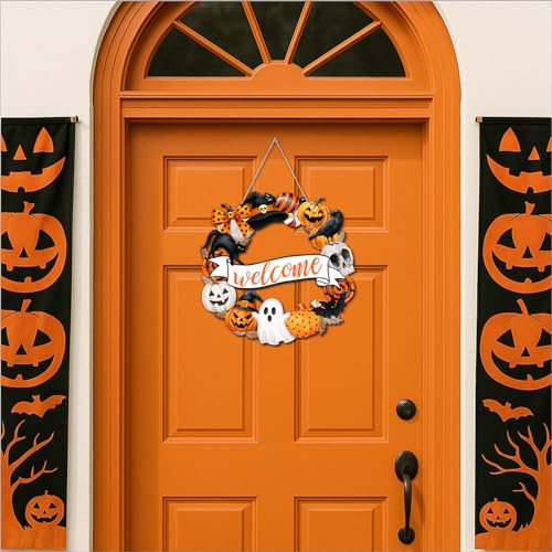 Halloween Wooden Door Sign Welcome Wreath - Spooky Holiday Decor