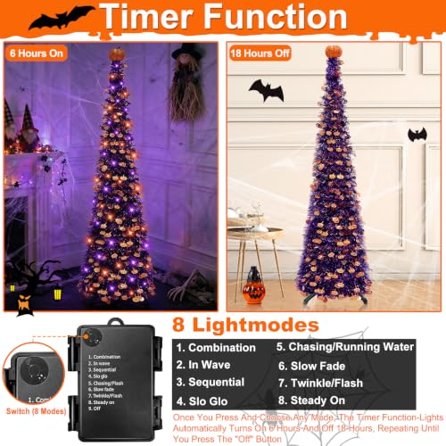 Halloween Black Tinsel Tree with Orange & Purple String Lights - 5 Ft Decor