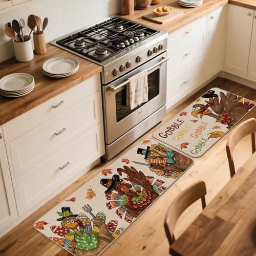 Thanksgiving Kitchen Rugs Set of 2 - Fall Holiday Door Mats for Indoor & Outdoor