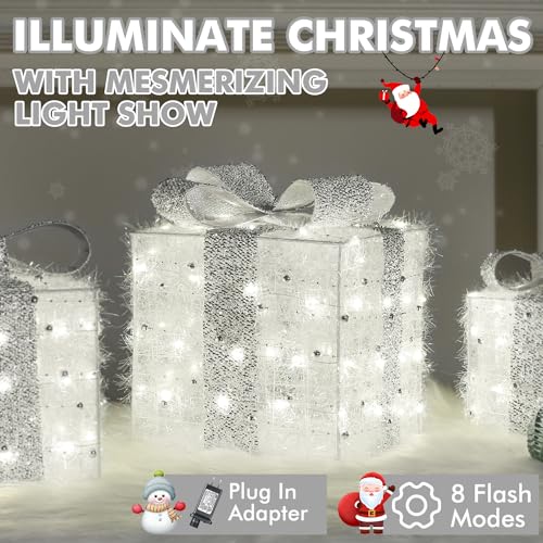 Christmas Lighted Gift Boxes Set of 3 - Silver, 140 LEDs, 8 Modes, Timer - Elegant Holiday Decor